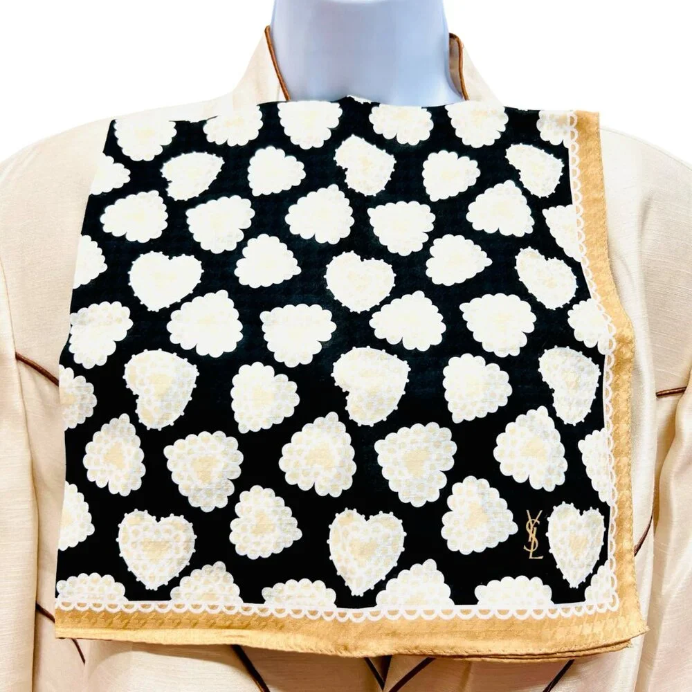 New Tag On  Yves Saint Laurent  Scarf Cotton & Silk 22.5" Beige Black Heart  (63 - Picture 2 of 10